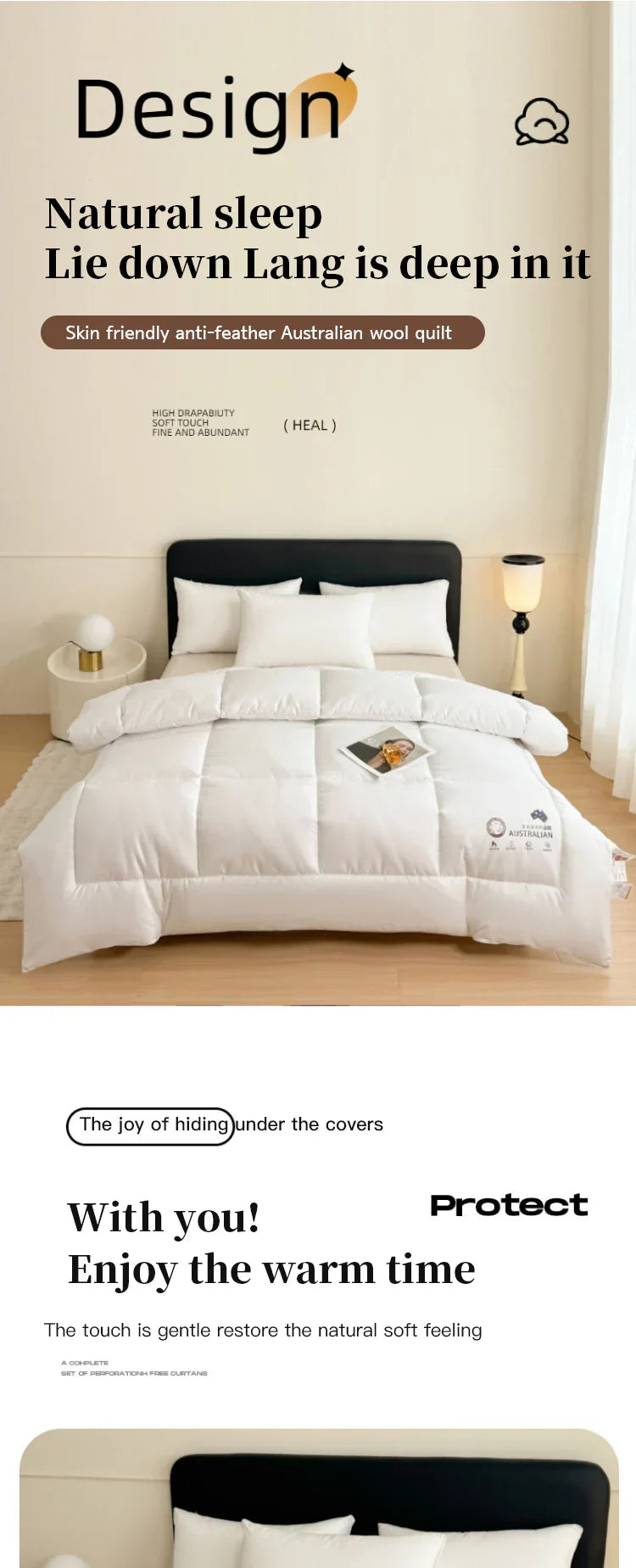 White plush australian wool quilt with soft skin friendly texture and subtle stitching for household bedding use