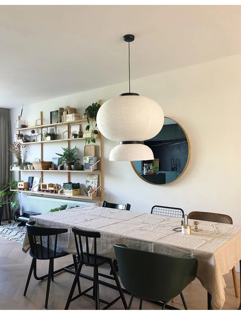 White paper lantern shop hanging light with two stacked spherical shades for dining room and restaurant decor