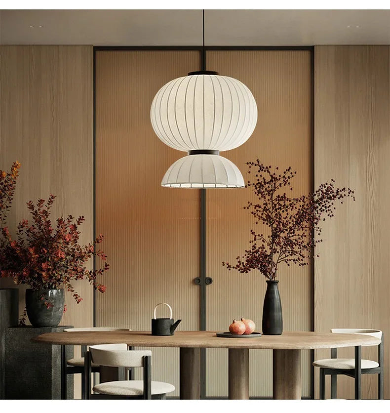 White ribbed paper lantern light pendant made of rice paper ideal for dining room and shop hanging light decor