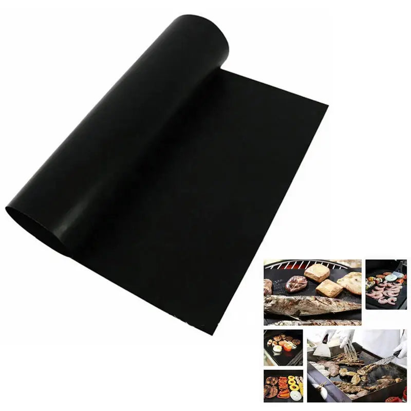 Black non-stick bbq grill mat designed for easy cooking and cleanup as a kitchen and outdoor accessory