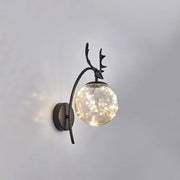 Black metal nordic ball wall mount deer-head sconce with spherical glass globe and warm led fairy lights for bedroom