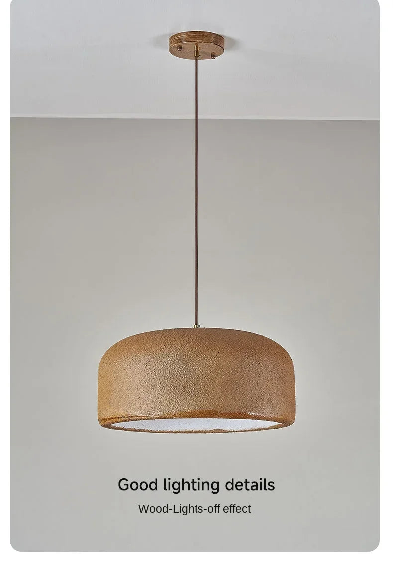 A warm-toned textured wooden led pendant lamp with sleek metal rod for bar and restaurant lighting