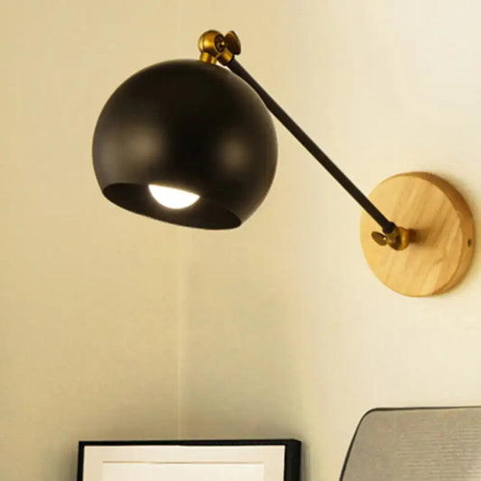 Nordic black and brass spherical wall light with wooden base and e26 e27 bulb socket for bedroom use