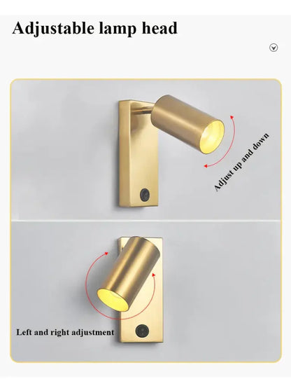Brass-finished adjustable wall lamp head with cylindrical spotlight and mounting plate for decorbites black brass wall sconce