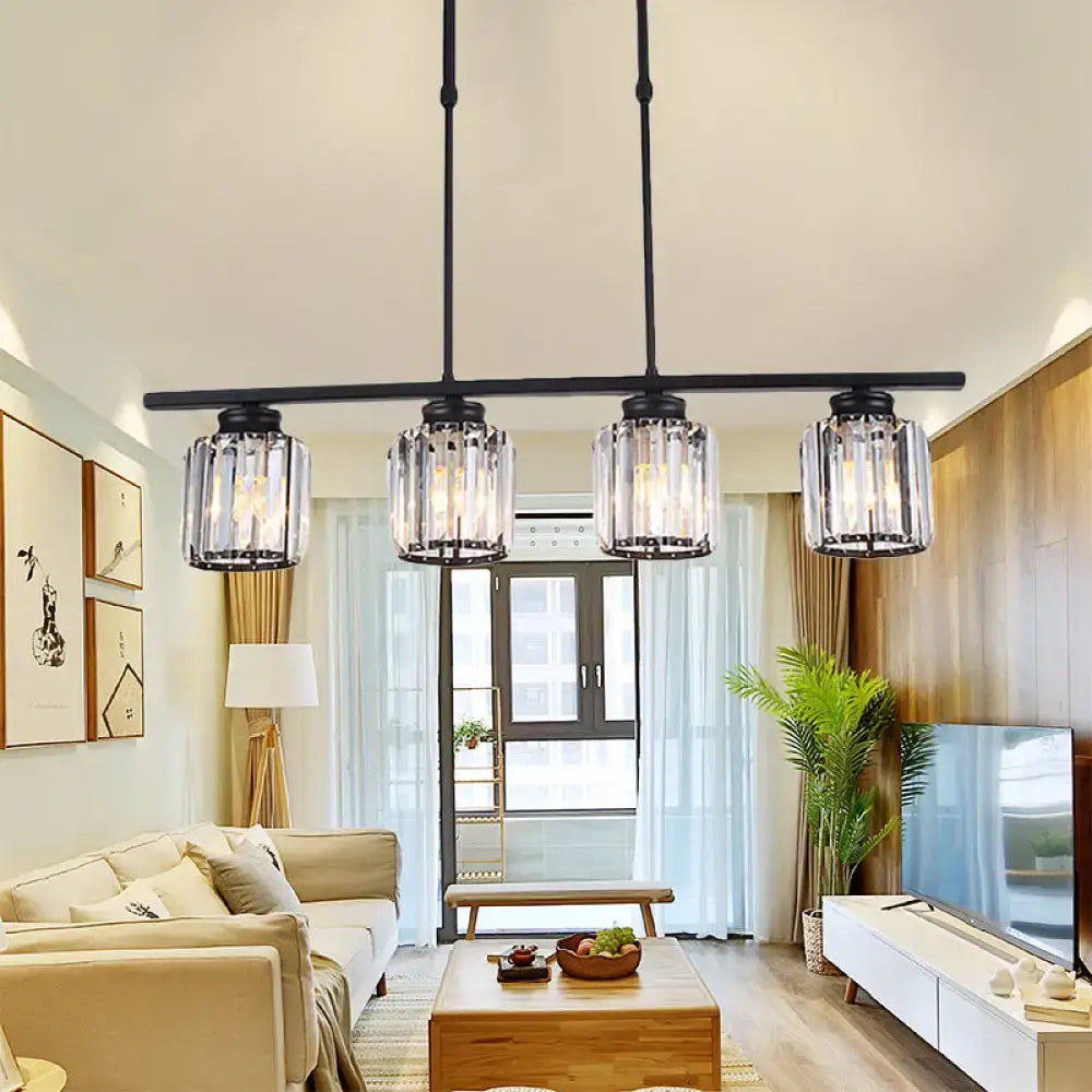Black metal bar pendant light with four clear crystal glass shades for living room 220v-240v bulb base compatible