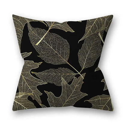 Black throw pillow with elegant gold-leafed branches and leaves pattern for living room decor golden leaves pillow