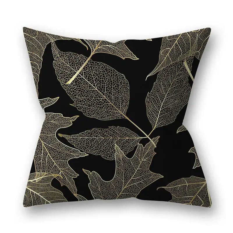Black throw pillow with elegant gold-leafed branches and leaves pattern for living room decor golden leaves pillow