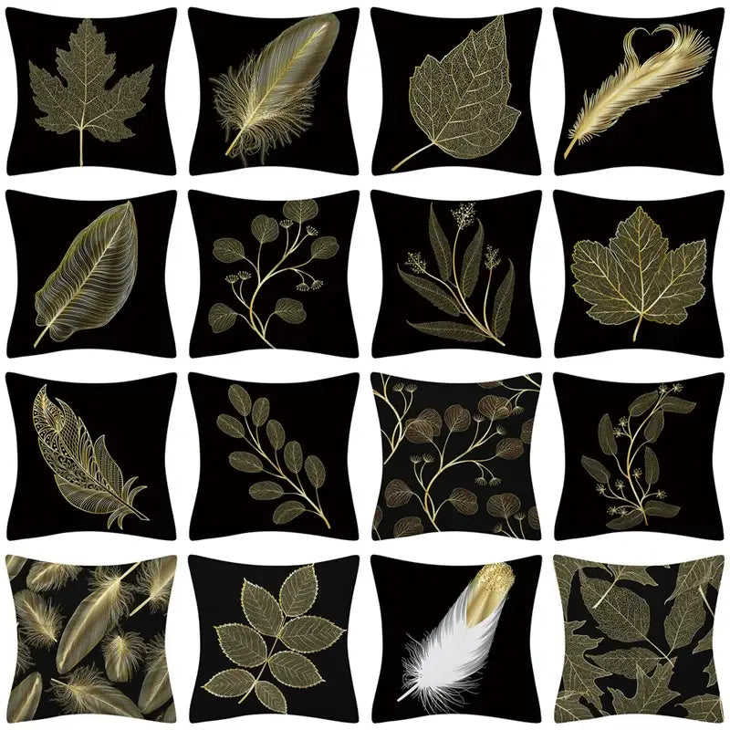 Black cushion covers with intricate golden leaves pillow and feather designs for Nordic living room decor