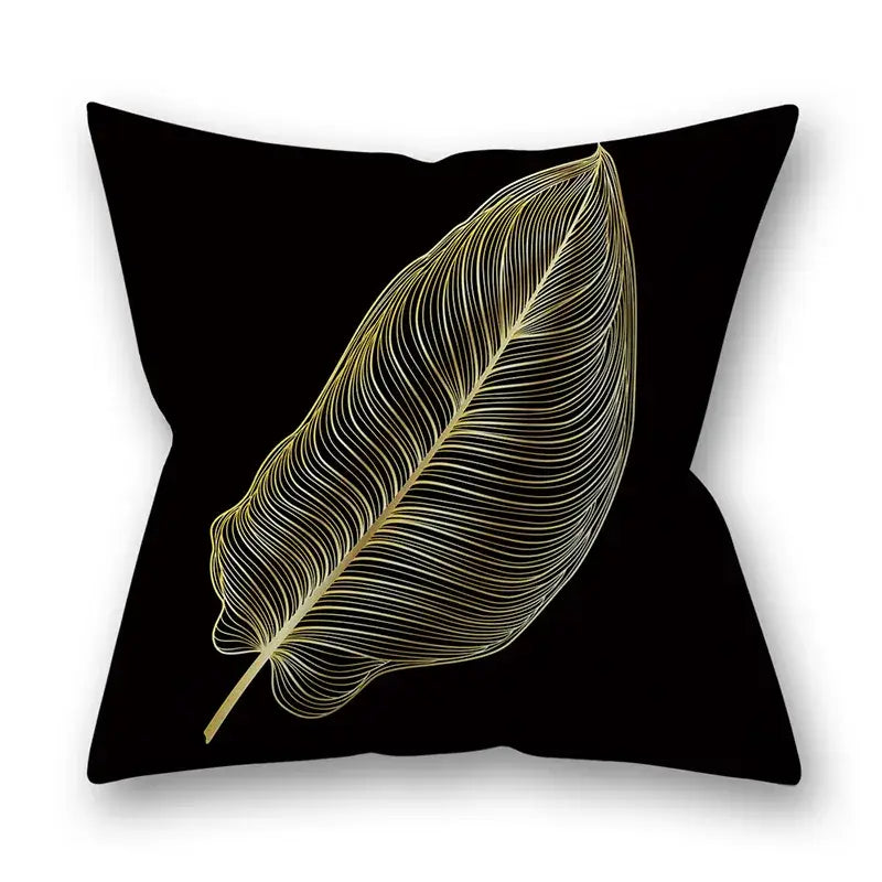 Black throw pillow with delicate gold leaf design and fine line art for nordic golden leaves pillow living room decor