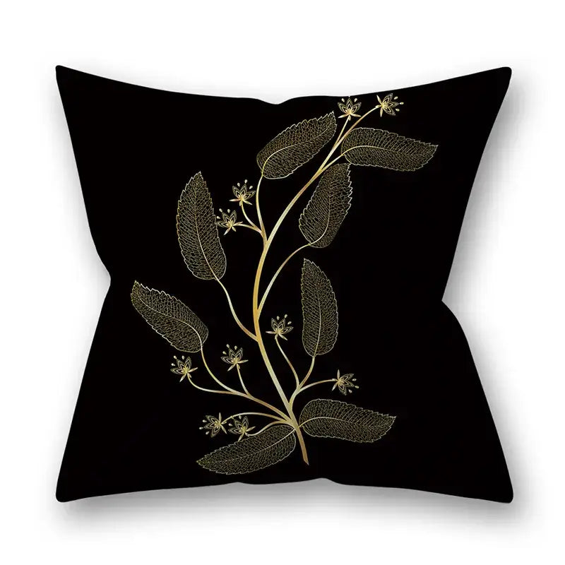 Black cushion with elegant gold leaf embroidered plant design for nordic golden leaves pillow living room decor
