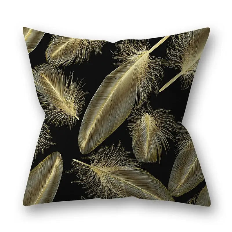 Black throw pillow with golden leaves pillow pattern featuring golden feathers for living room decor