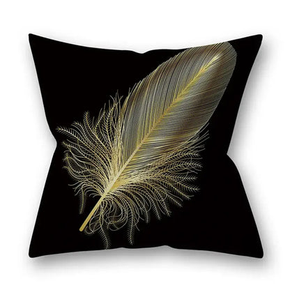 Black throw pillow with detailed gold feather design decorative golden leaves pillow for living room decor