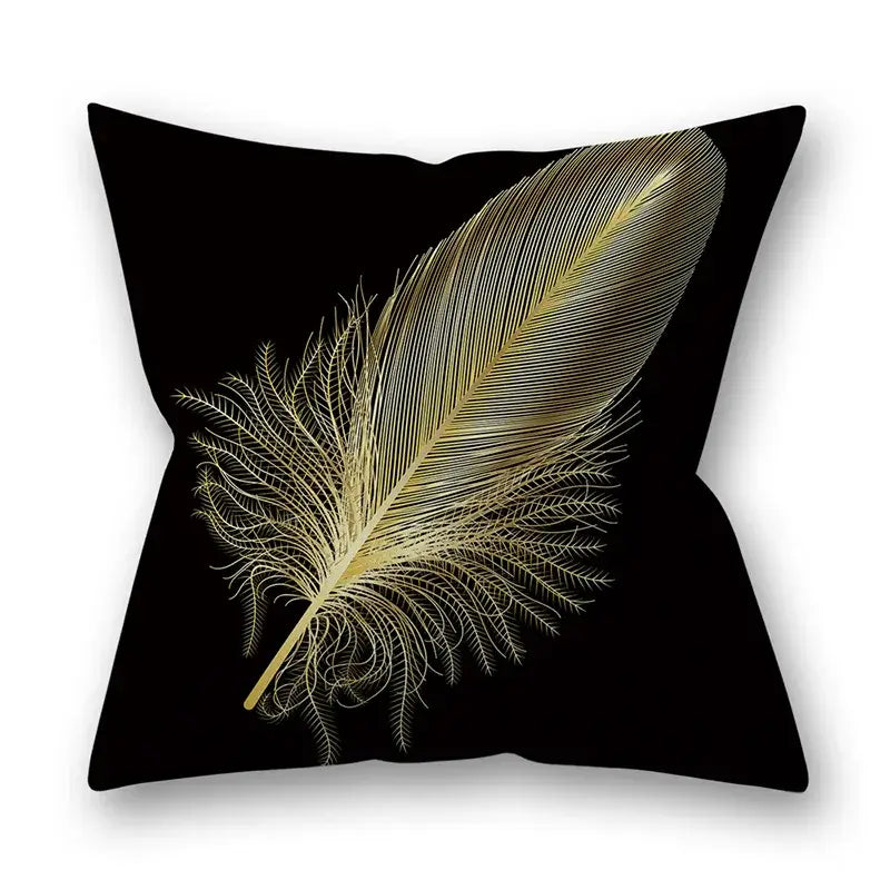 Black throw pillow with detailed gold feather design decorative golden leaves pillow for living room decor