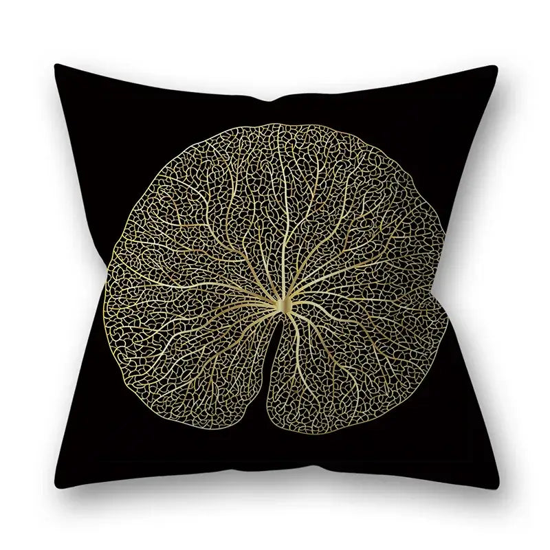 Black throw pillow with detailed gold leaf vein pattern for living room decor golden leaves pillow cases