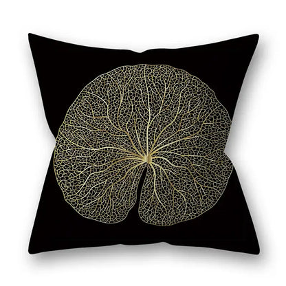 Black throw pillow with detailed gold leaf vein pattern for living room decor golden leaves pillow cases