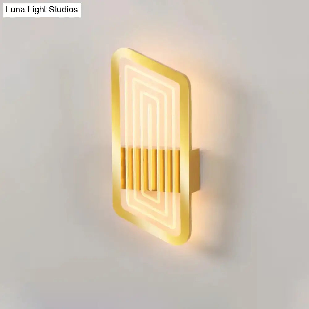 Gold-finished Nordic wall light fixture with illuminated concentric neon lines and vertical slats for living room use