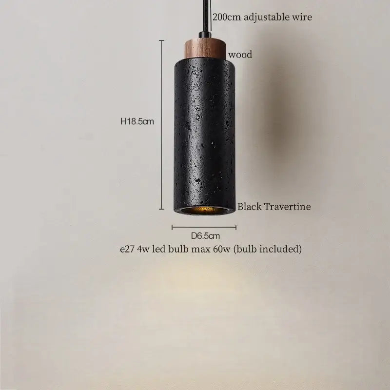 Black travertine cylindrical pendant light with wooden top and adjustable wire for dining room decorbites black travertine