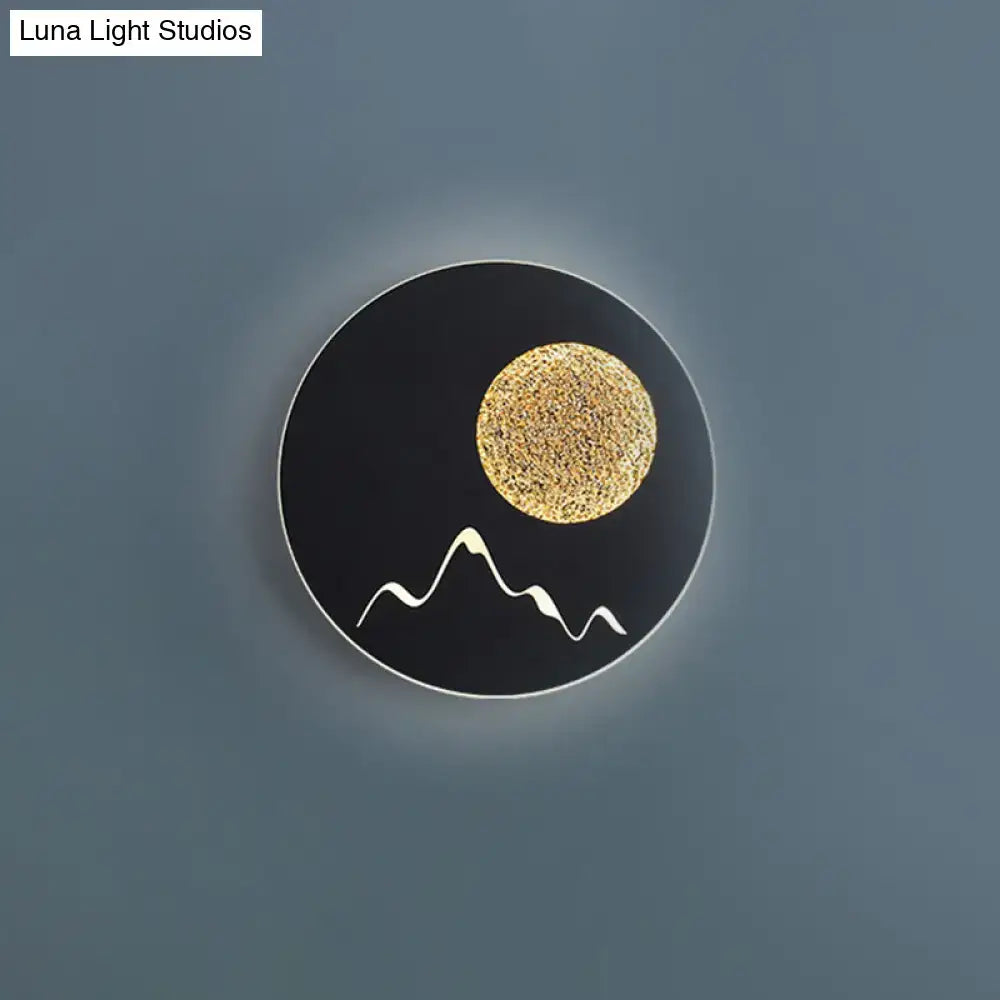 Nordic black white grey mountain wall light fixture with textured gold moon and white mountain silhouette for bedroom use