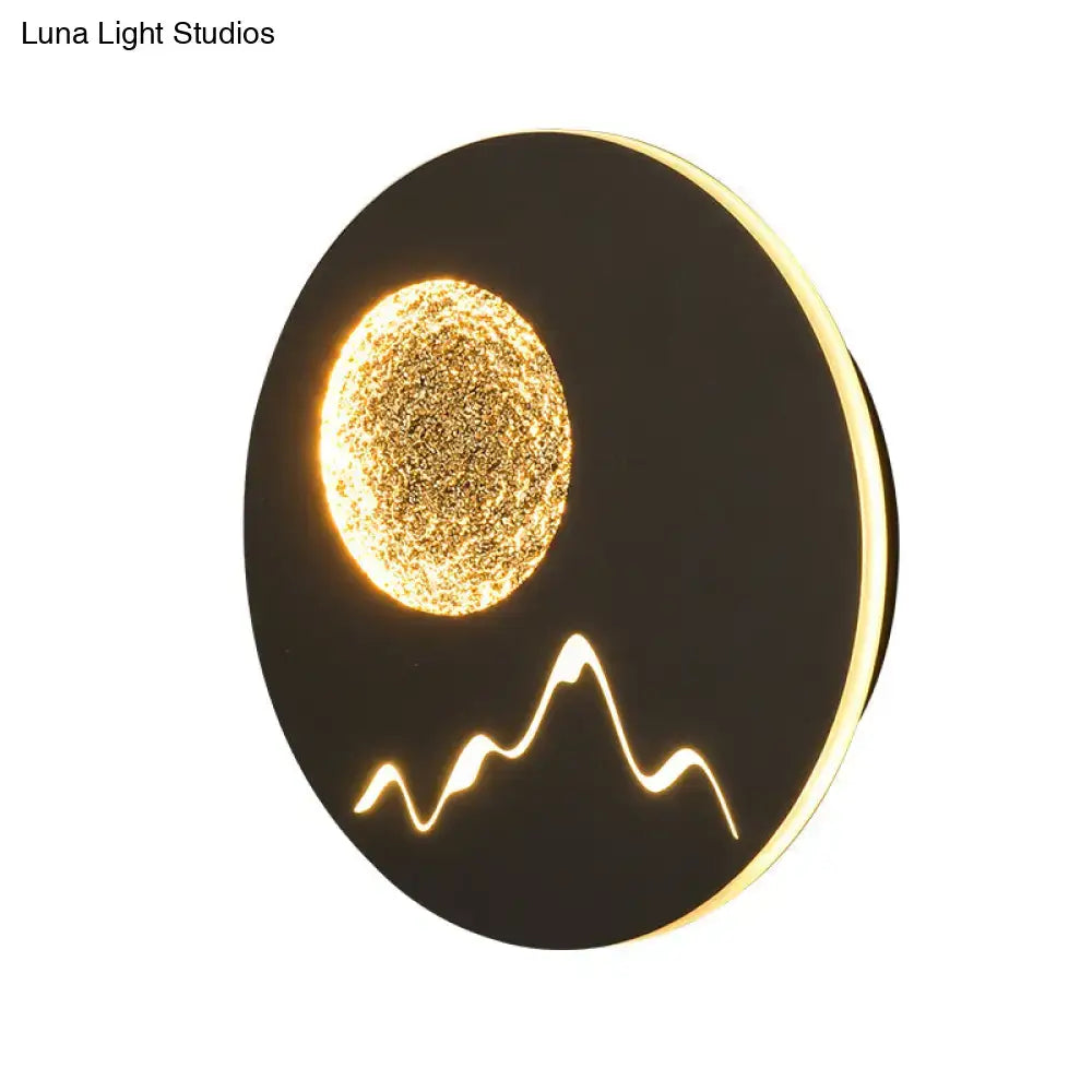 Nordic black white grey wall light fixture with circular design, illuminated moon, and glowing mountain silhouette, ideal for bedrooms