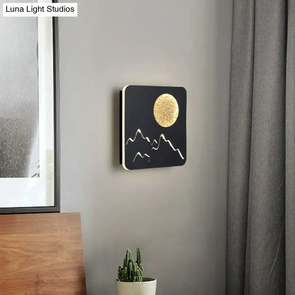 Black white grey nordic wall light with textured gold moon and white mountain silhouette for bedroom fixture height