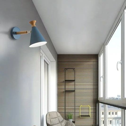 Nordic blue metal cone shade wall light with wooden accent and metal mounting bracket for bedroom reading lamp