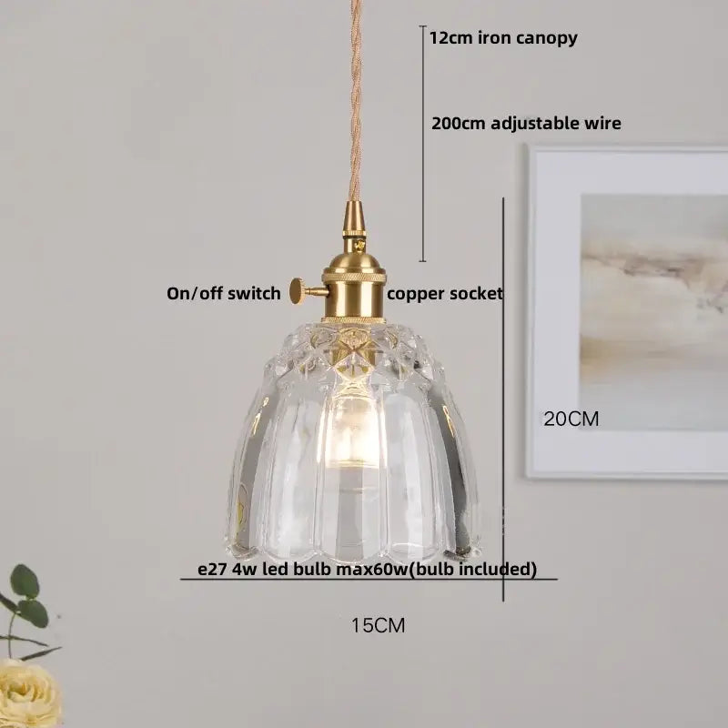 Nordic brass and clear glass led pendant light with faceted glass and adjustable copper wire suspension for dining rooms