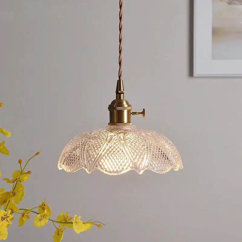 Nordic brass and clear glass led pendant light with scalloped edge and diamond-cut pattern for dining room decorbites clear glass