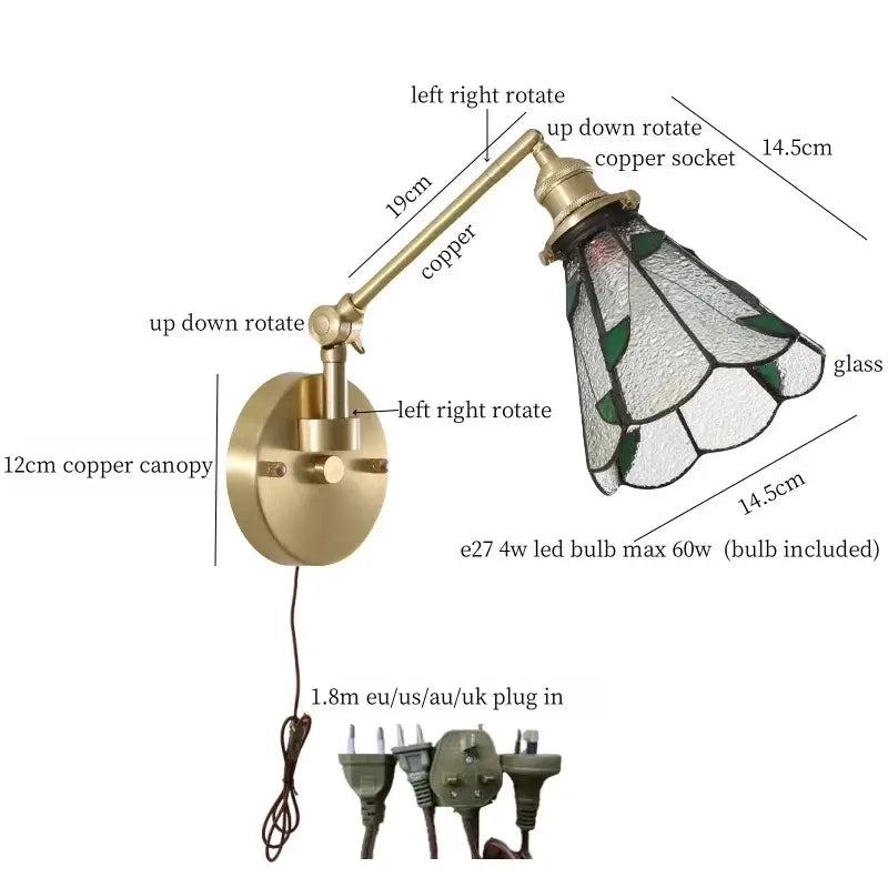 Nordic brass adjustable wall sconce with stained clear glass lampshade and bedroom pull chain by decorbites clear glass