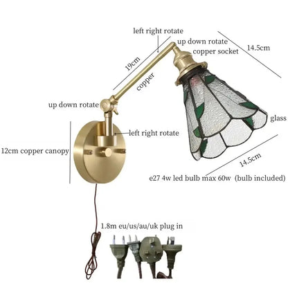 Nordic brass adjustable wall sconce with stained clear glass lampshade and bedroom pull chain by decorbites clear glass