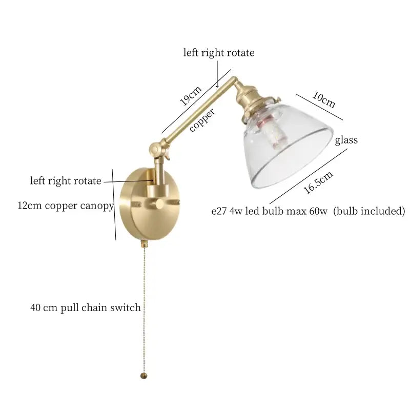 Brass-finished adjustable wall sconce with clear glass shade and copper canopy for bedroom decorbites clear glass lighting