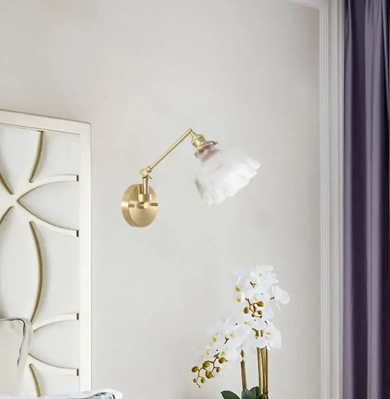 Nordic brass wall sconce with clear glass frilled shade and pull chain ideal for bedroom decorbites clear glass lighting