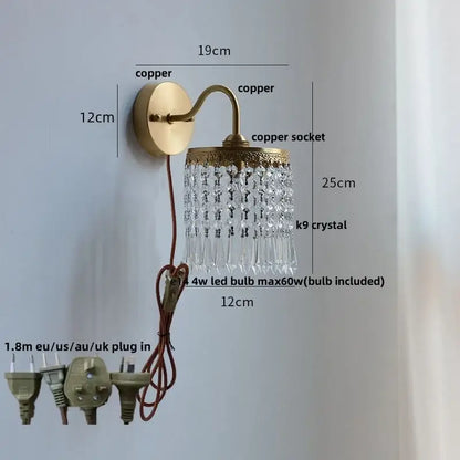 Brass-finished copper wall light with cascading k9 crystal droplets decorbites crystal glass led sconce for bedroom
