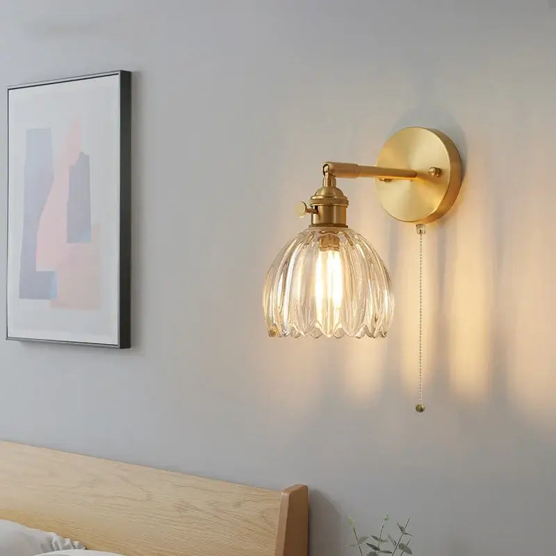 Nordic brass faceted clear glass wall lights with gold finish and pull chain ideal for bedroom decorbites clear glass