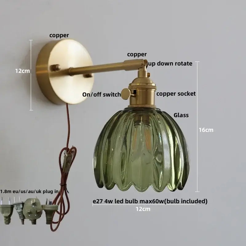 Vintage-style nordic brass wall light with olive green ribbed glass shade and decorbites clear glass bedroom sconce