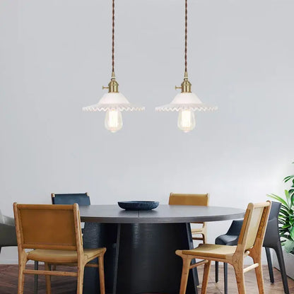 Pair of nordic brass glass flounce led pendant lights with white scalloped glass shades for dining room lighting