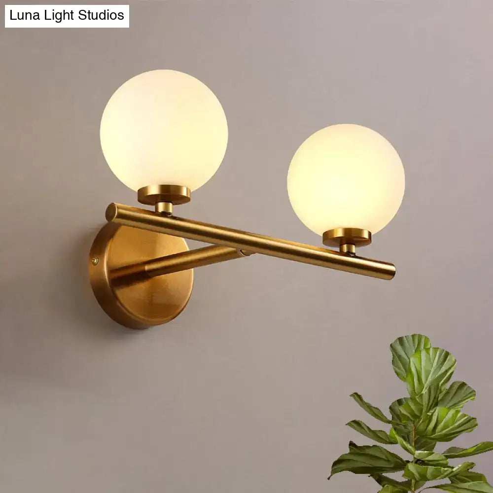 Nordic brass wall sconce light with two frosted glass globe shades for bedroom lighting compatible with 110v-120v 220v-240v