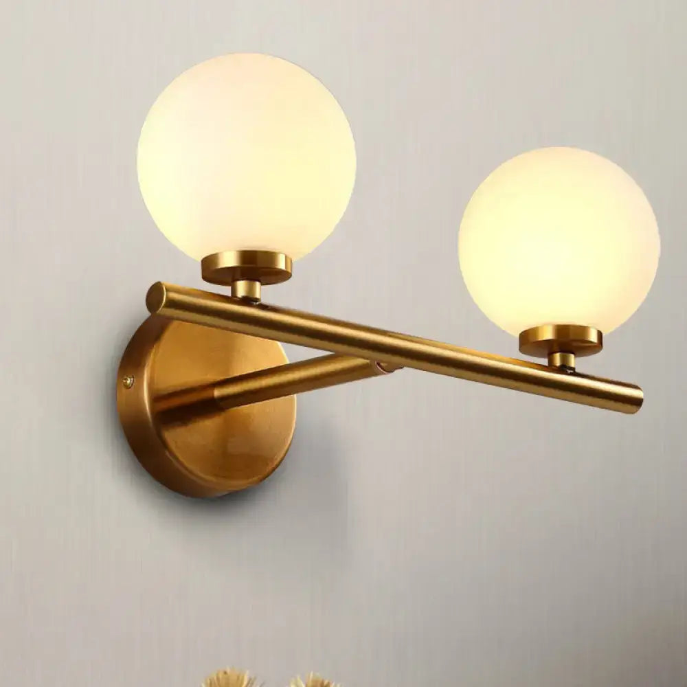 Nordic brass wall sconce light with two frosted glass globe shades for bedroom lighting 110v-120v 220v-240v compatible