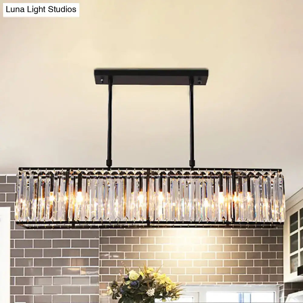 Black metal rectangle pendant chandelier with hanging crystal prisms for dining room ceiling light illumination