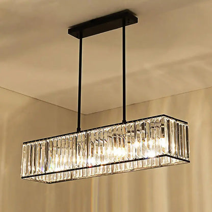 Nordic bronze rectangle pendant chandelier with black metal frame and hanging crystal rods ceiling light for dining room