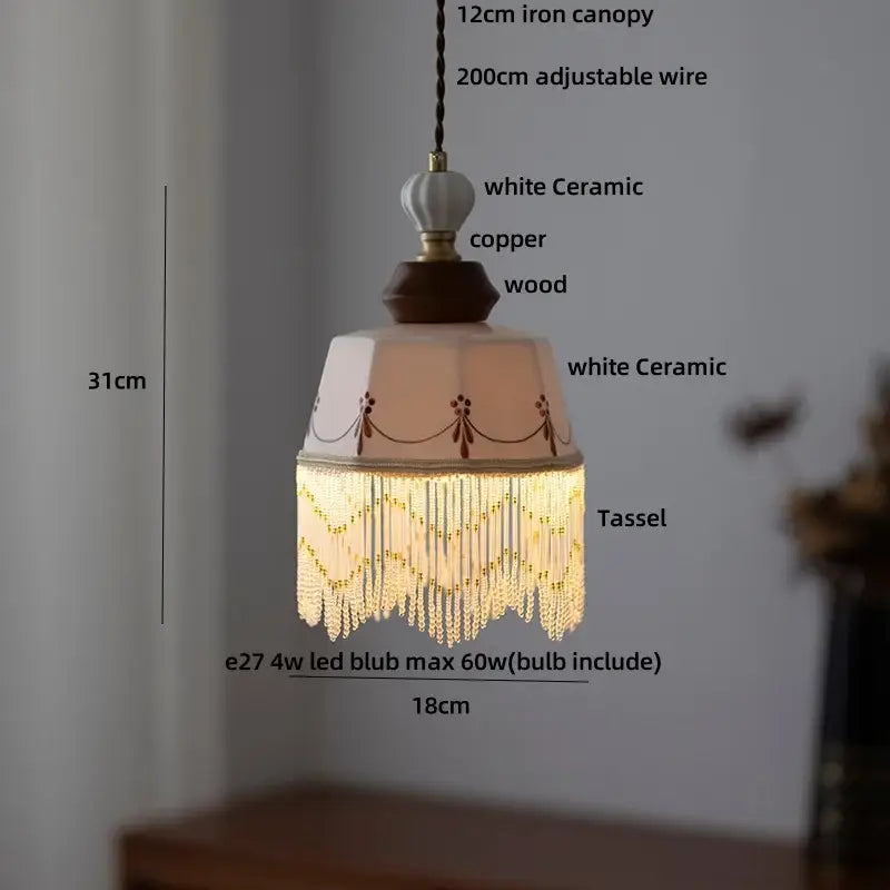 A delicate peach ceramic pendant light with wooden base copper accents and crystals for dining room decorbites brown wood led