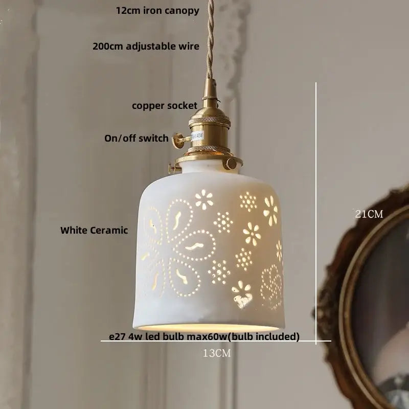 White ceramic pendant light with floral patterns and brass copper socket paired with decorbites brown wood led design