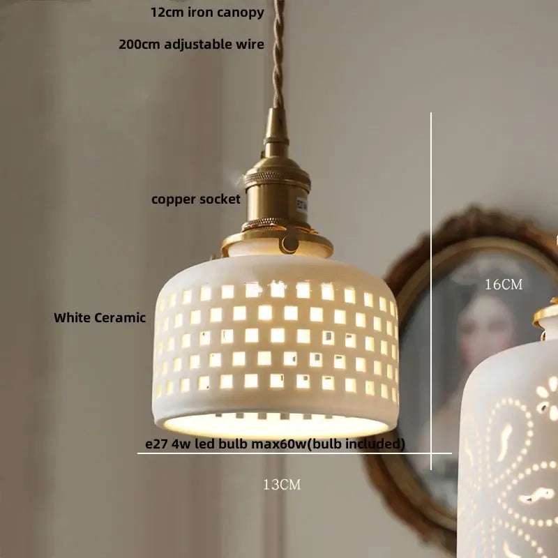 White ceramic pendant light with grid pattern and brass accents for decorbites brown wood led dining room decor