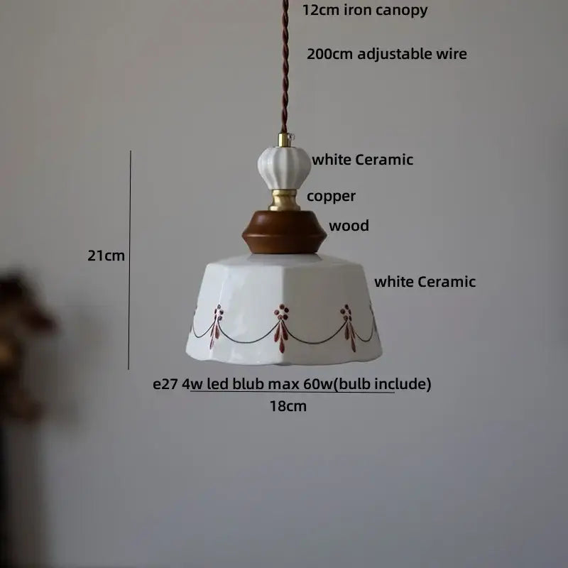 White ceramic pendant light with fluted scalloped design and brown floral motifs in nordic brown wood led decorbites brown wood style