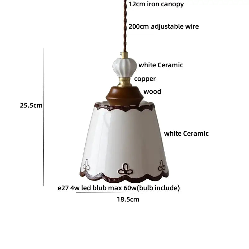 White ceramic pendant light with brown decorative trim and decorbites brown wood led base for dining room decor
