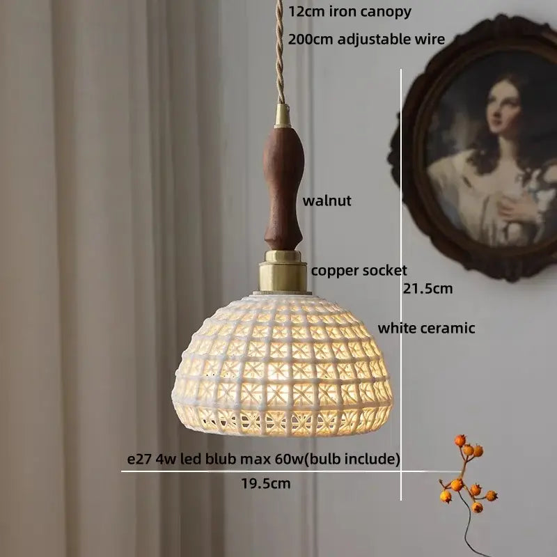 White ceramic pendant light with woven lattice design, walnut handle, and brass accents for decorbites brown wood led decor
