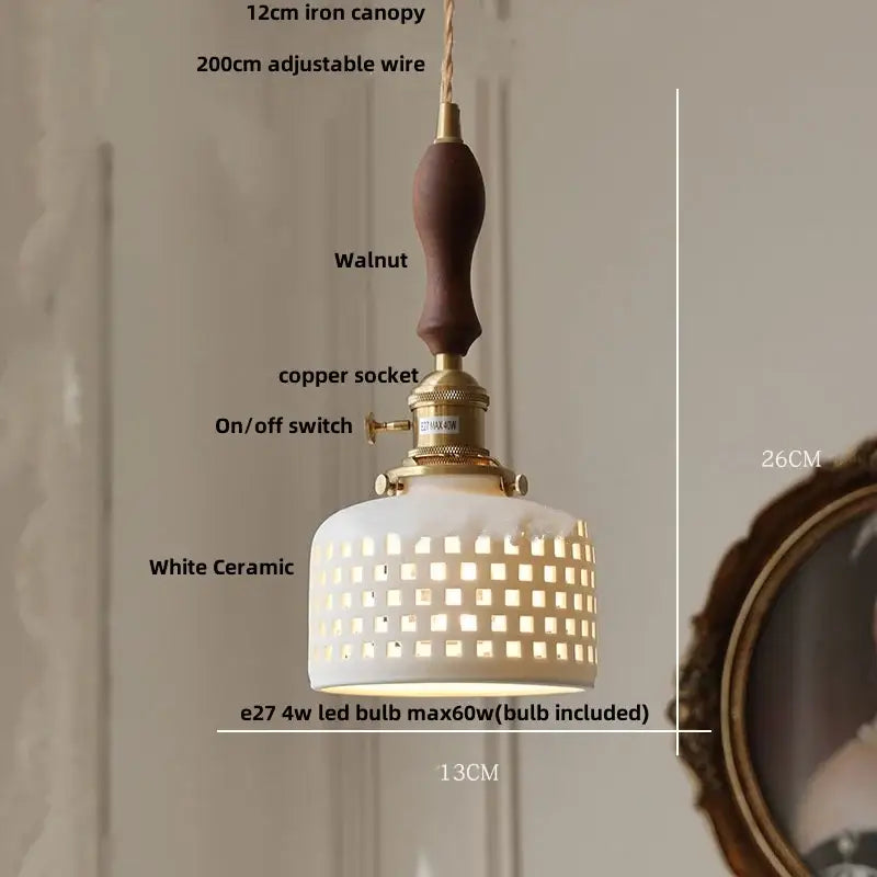 White ceramic pendant light with walnut iron canopy and brass accents for decorbites brown wood led dining room use