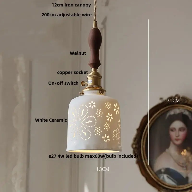 Nordic brown wood led pendant light with white ceramic floral cutouts brass accents and walnut handle for dining room decorbites brown wood