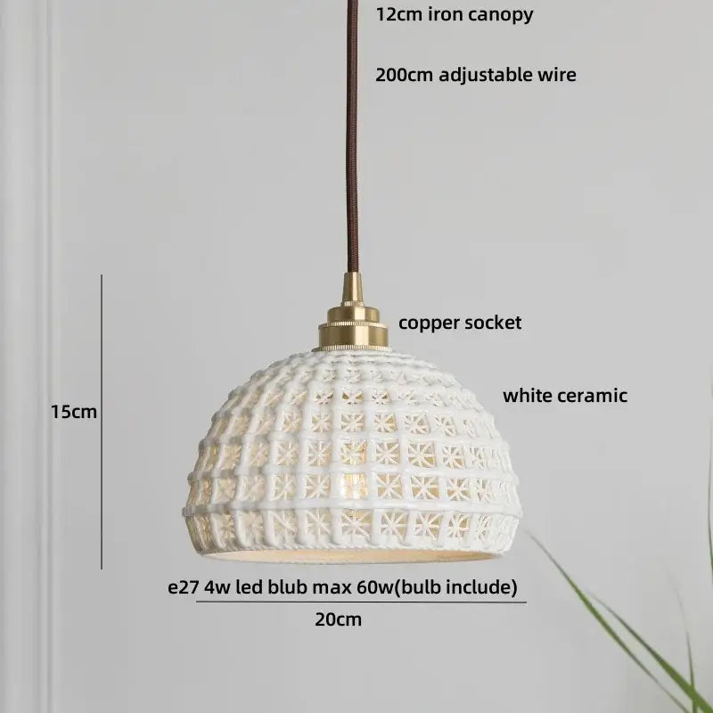 White ceramic pendant light with woven lattice design and brass accents for decorbites brown wood led dining room decor