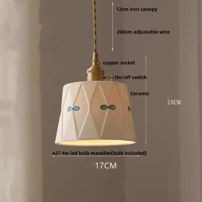 White ceramic pendant light with geometric facets and blue bow designs for decorbites brown wood led dining room decor
