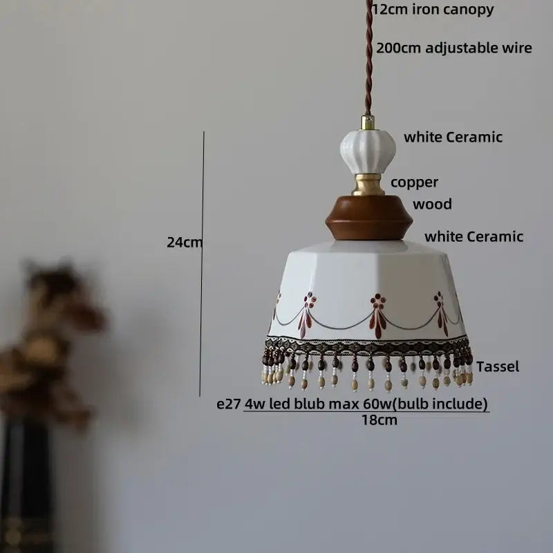 White ceramic pendant light with brown decorative accents and beaded tassel for decorbites brown wood led dining room decor